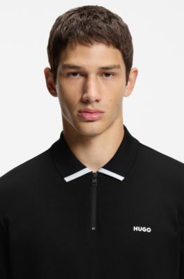 Cotton piqu&eacute; polo shirt with zip neckline, Black