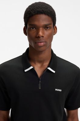 Cotton piqu&eacute; polo shirt with zip neckline, Black