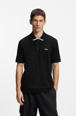Cotton piqu&eacute; polo shirt with zip neckline, Black