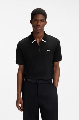 Cotton piqu&eacute; polo shirt with zip neckline, Black