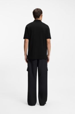 Cotton piqu&eacute; polo shirt with zip neckline, Black