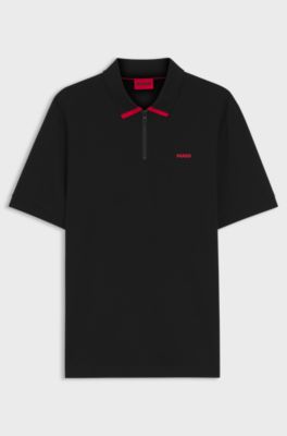 Cotton piqu&eacute; polo shirt with zip neckline, Black