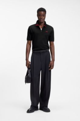 Cotton piqu&eacute; polo shirt with zip neckline, Black