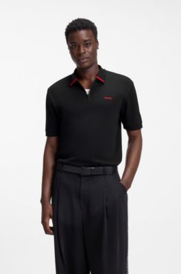 Cotton piqu&eacute; polo shirt with zip neckline, Black