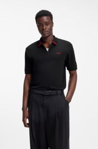 Cotton-piqu&eacute; polo shirt with contrast logo, Black