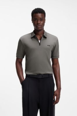 Cotton piqu&eacute; polo shirt with zip neckline, Dark Grey