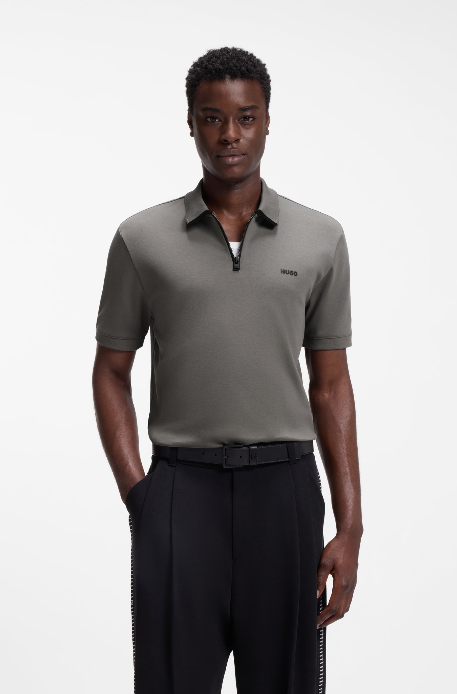 Hugo Cotton piqué polo shirt with zip neckline pikéer herr