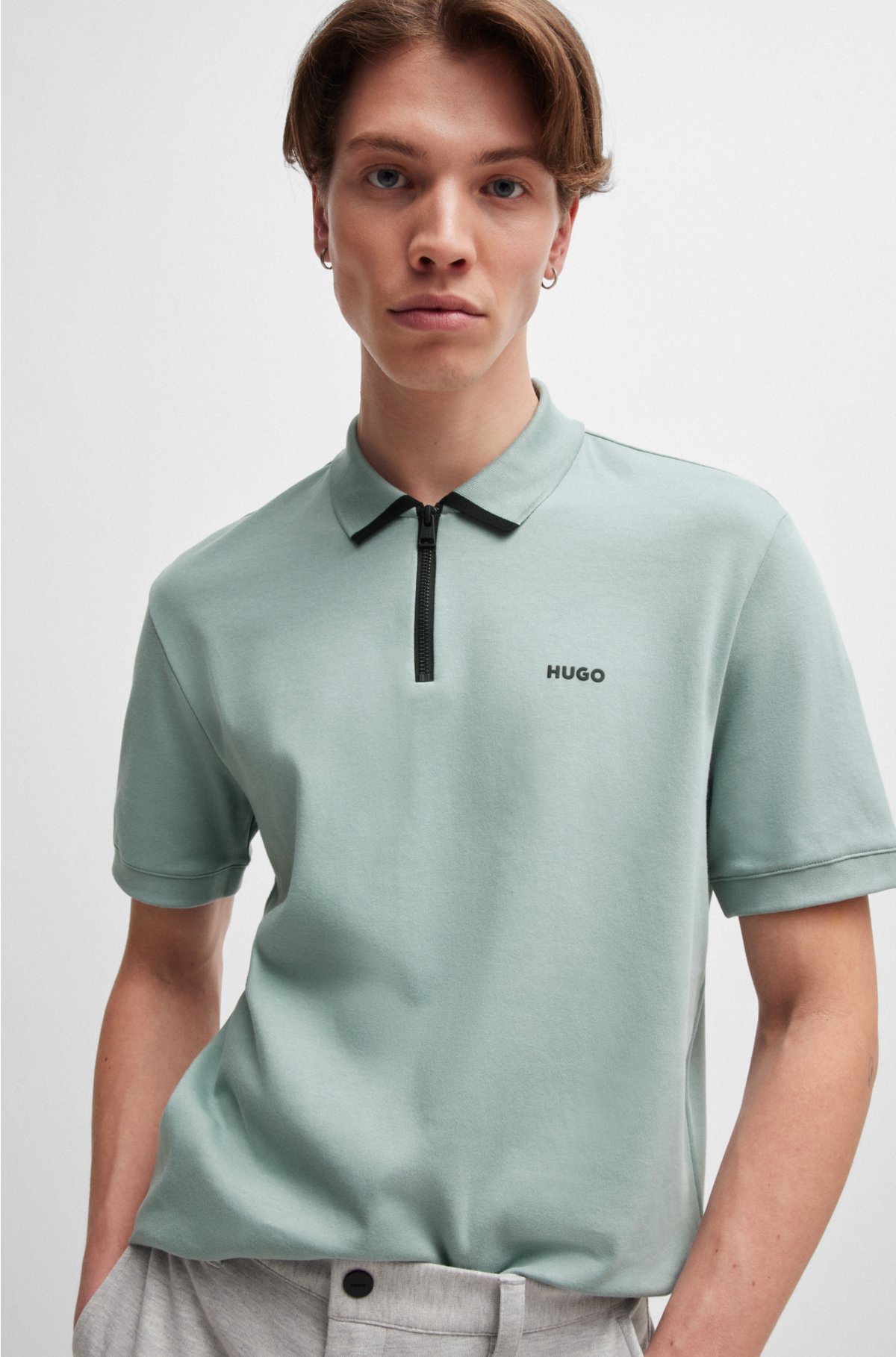 Cotton-piqué polo shirt with contrast logo, Light Grey