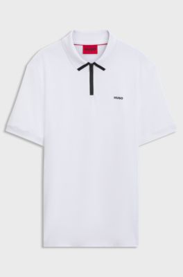 Cotton piqu&eacute; polo shirt with zip neckline, White