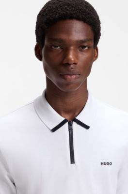 Cotton piqu&eacute; polo shirt with zip neckline, White
