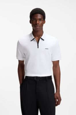Cotton piqu&eacute; polo shirt with zip neckline, White