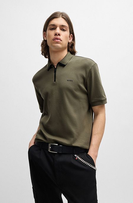 Cotton-piqué polo shirt with contrast logo, Dark Green