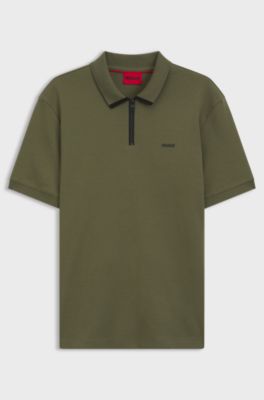 Cotton piqu&eacute; polo shirt with zip neckline, Dark Green