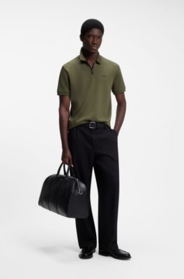 Cotton piqu&eacute; polo shirt with zip neckline, Dark Green