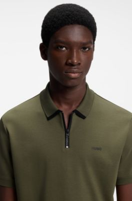 Cotton piqu&eacute; polo shirt with zip neckline, Dark Green