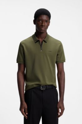 Cotton piqu&eacute; polo shirt with zip neckline, Dark Green