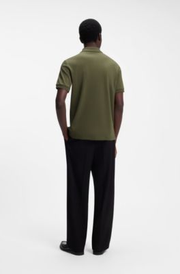 Cotton piqu&eacute; polo shirt with zip neckline, Dark Green