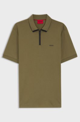 Cotton piqu&eacute; polo shirt with zip neckline, Olive