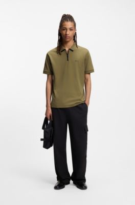 Cotton piqu&eacute; polo shirt with zip neckline, Olive