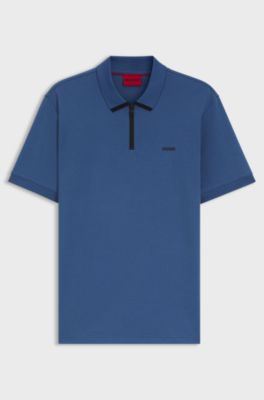 Cotton piqu&eacute; polo shirt with zip neckline, Blue