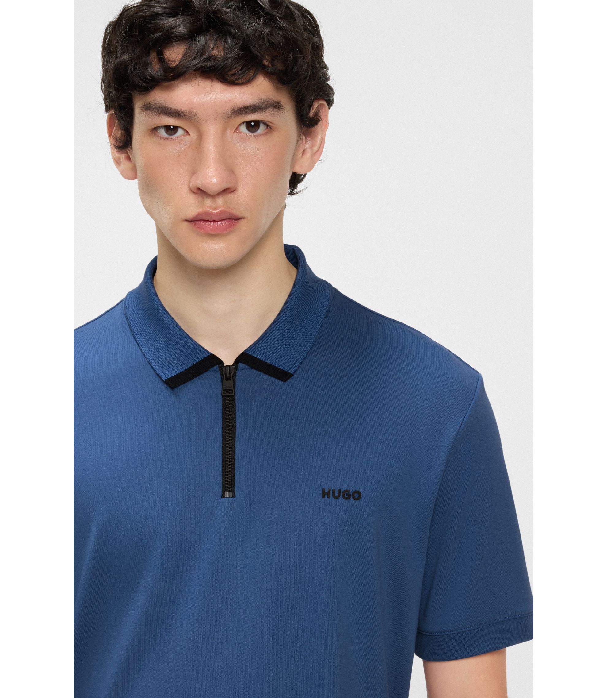 HUGO Cotton-piqué polo shirt with contrast logo Blue