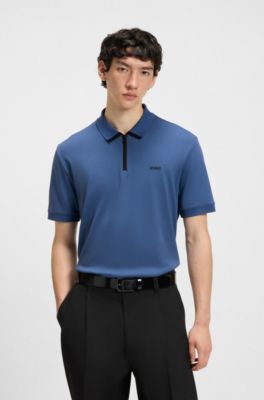 Cotton piqu&eacute; polo shirt with zip neckline, Blue