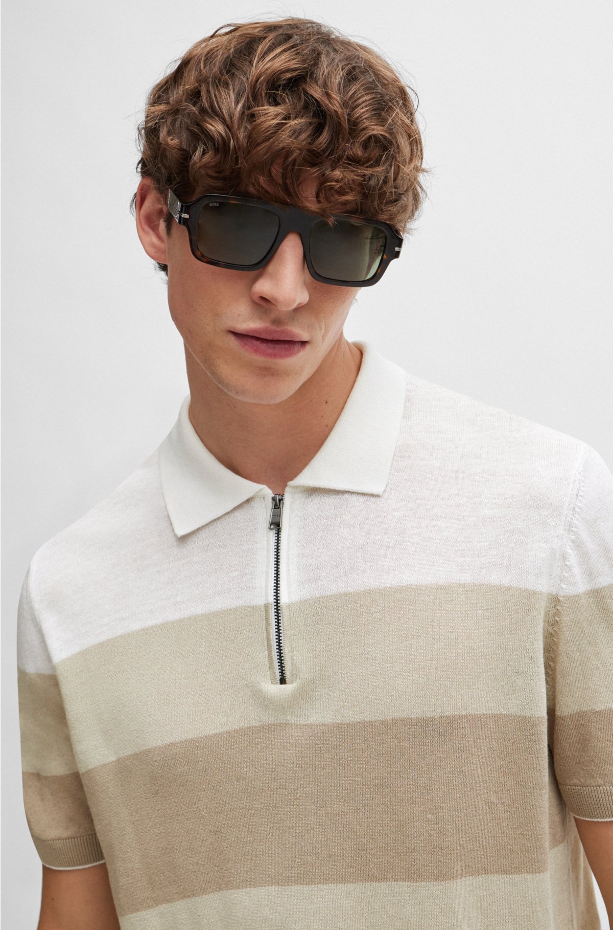 Zip-neck polo sweater in a linen blend, Light Beige