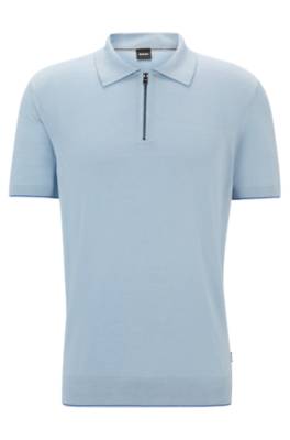 Hugo Boss Zip-neck Polo Sweater In A Linen Blend In Blue