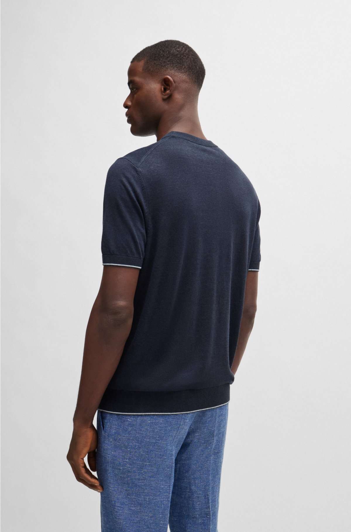 Linen-blend regular-fit sweater with accent tipping, Dark Blue