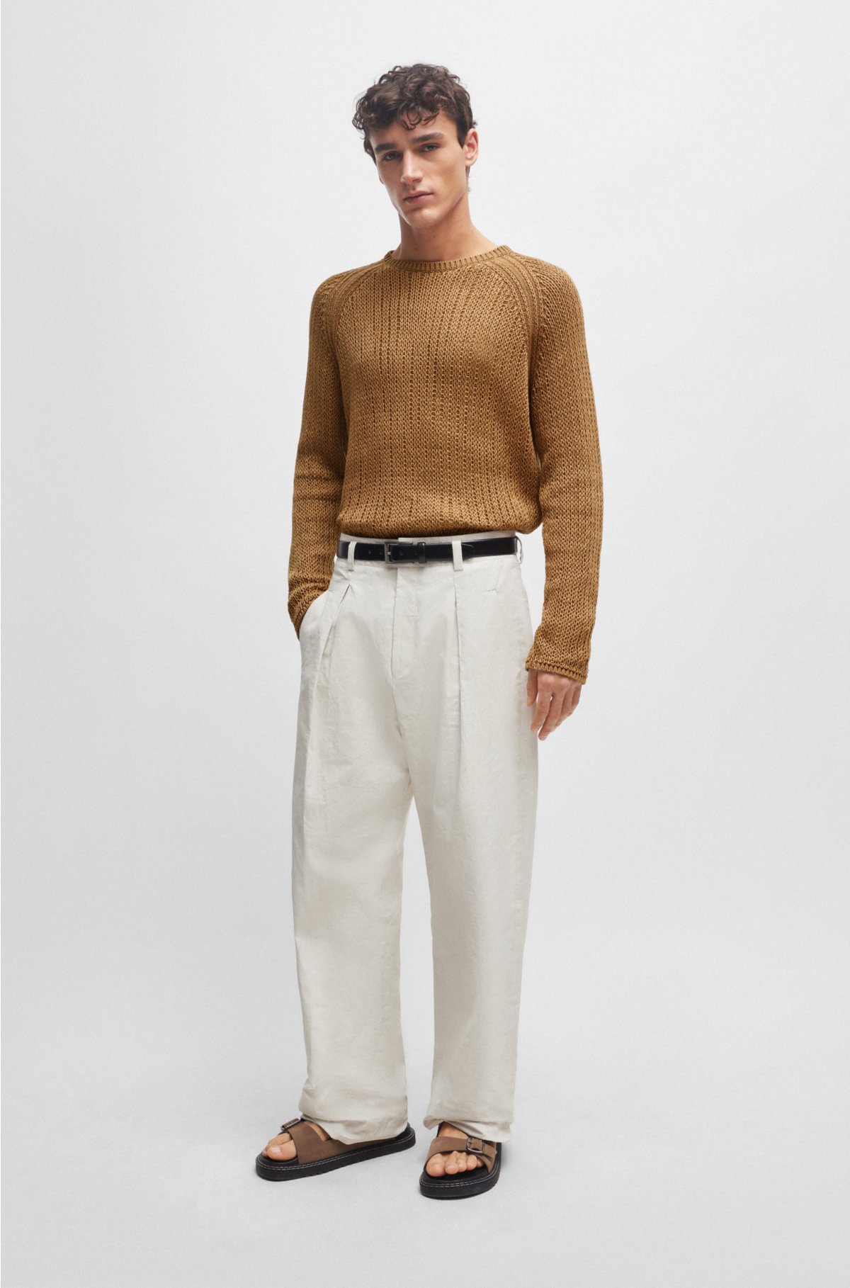 Loop-structure sweater in cotton-tape yarn, Light Brown