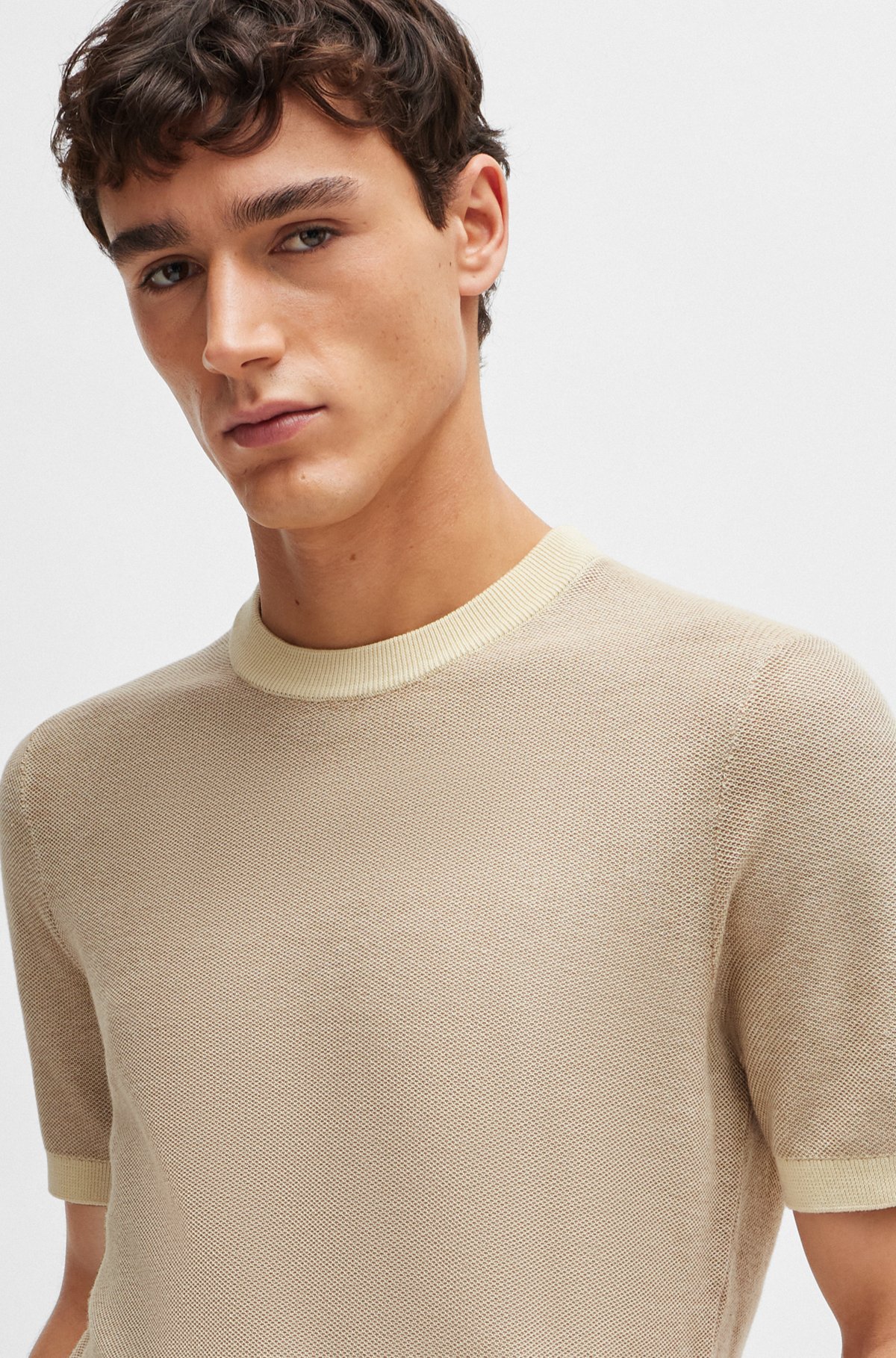 BOSS - Short-sleeved cotton-blend sweater with micro structure