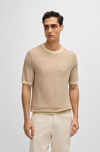 Grey Crew-neck T-shirt with Beige Linen Pants Outfits For Men (4
