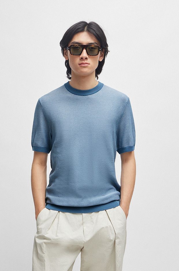 Short-sleeved cotton-blend sweater with micro structure, Light Blue