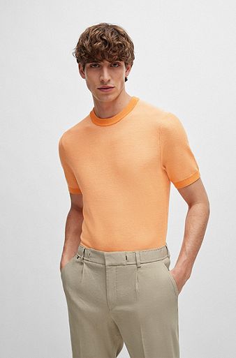 Short-sleeved cotton-blend sweater with micro structure, Orange