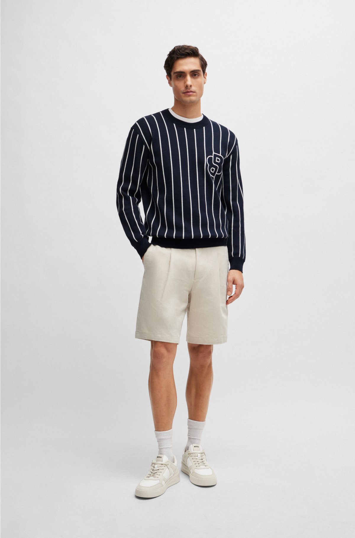 Regular-fit sweater with stripes and monogram, Dark Blue