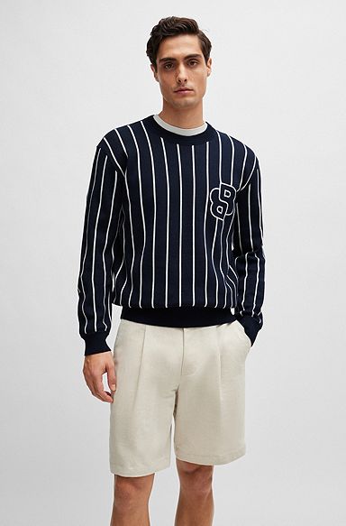 Regular-fit sweater with stripes and monogram, Dark Blue