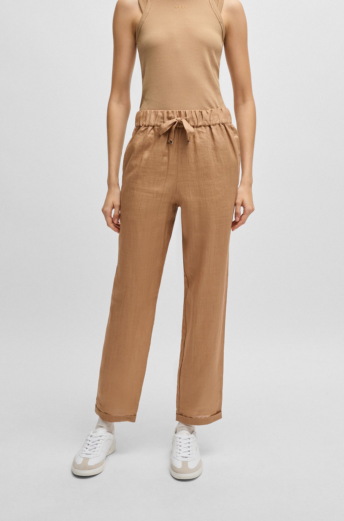 Relaxed-fit trousers in ramie canvas, Light Brown