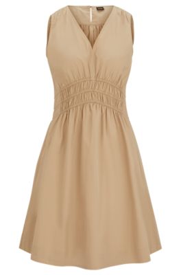 Robe Slim en popeline de coton avec taille &eacute;lastique, Brun chin&eacute;