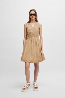 Robe Slim en popeline de coton avec taille &eacute;lastique, Brun chin&eacute;