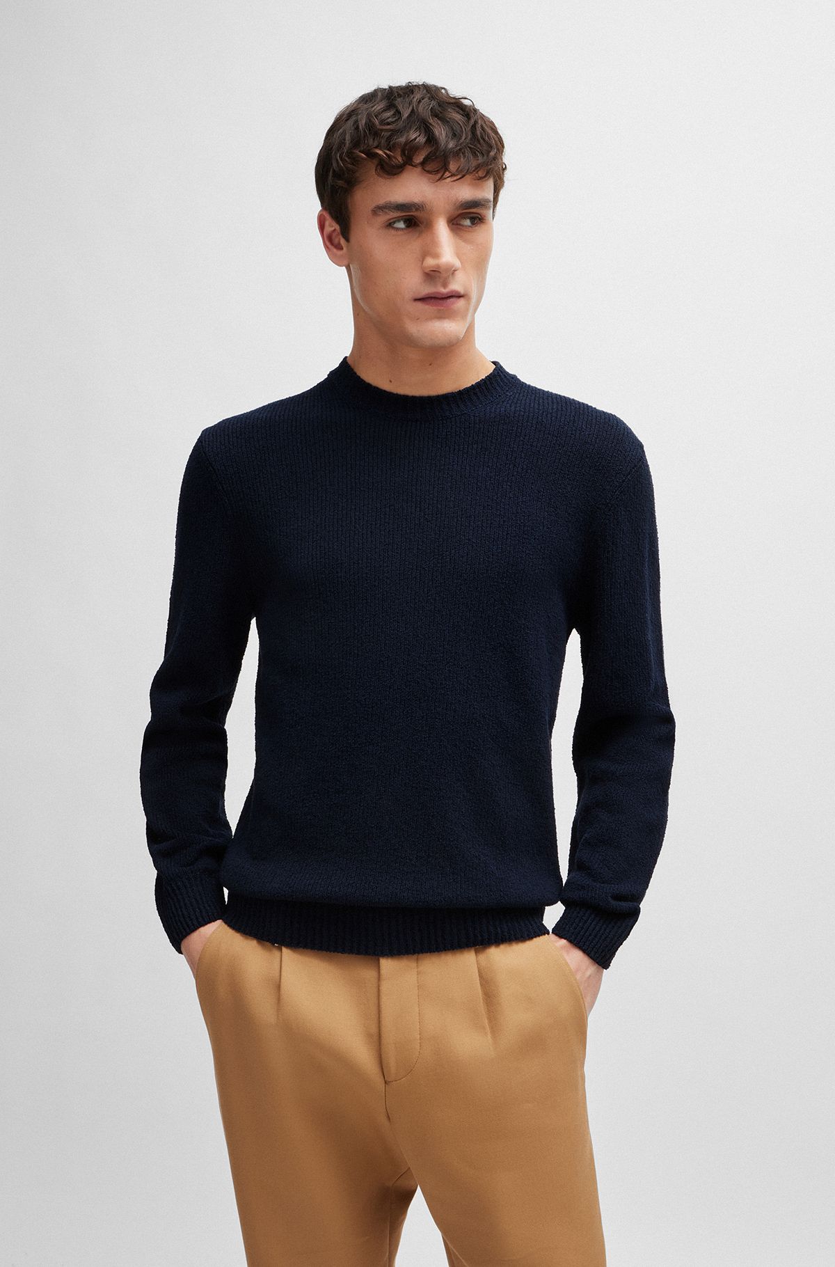 Bouclé-knit sweater in a cotton blend, Dark Blue