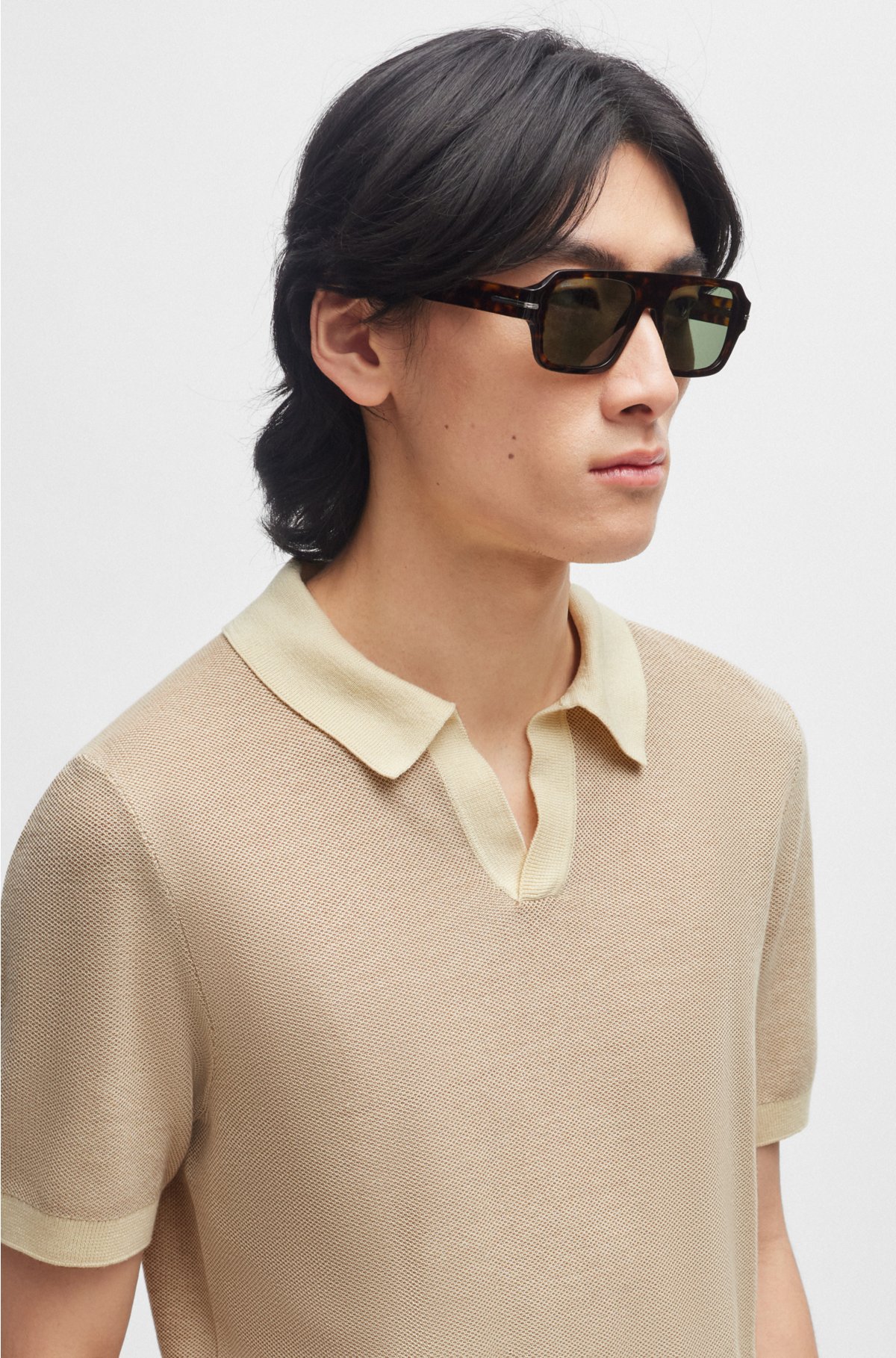 Cotton-blend polo sweater with open collar, Light Beige