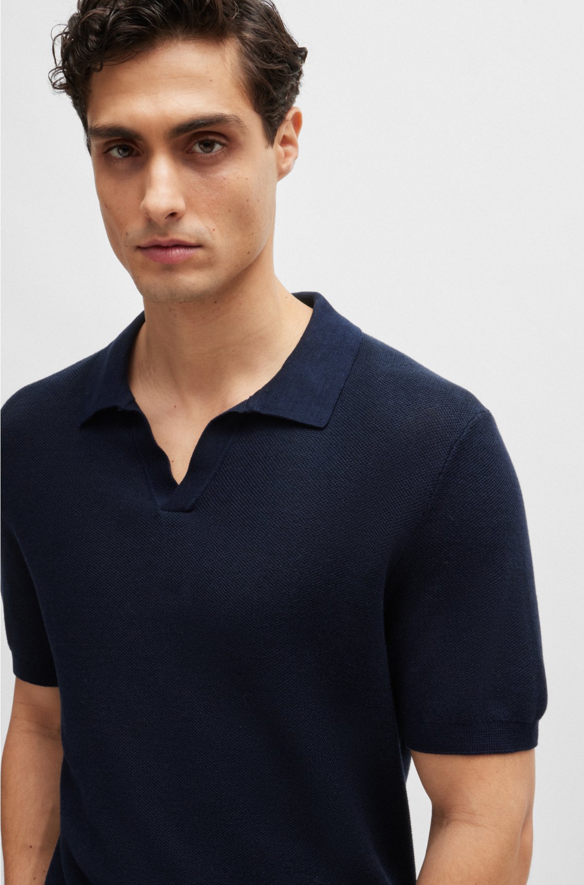 Cotton-blend polo sweater with open collar, Dark Blue