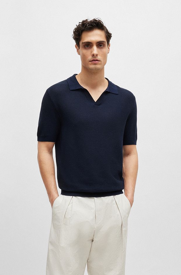 Cotton-blend polo sweater with open collar, Dark Blue