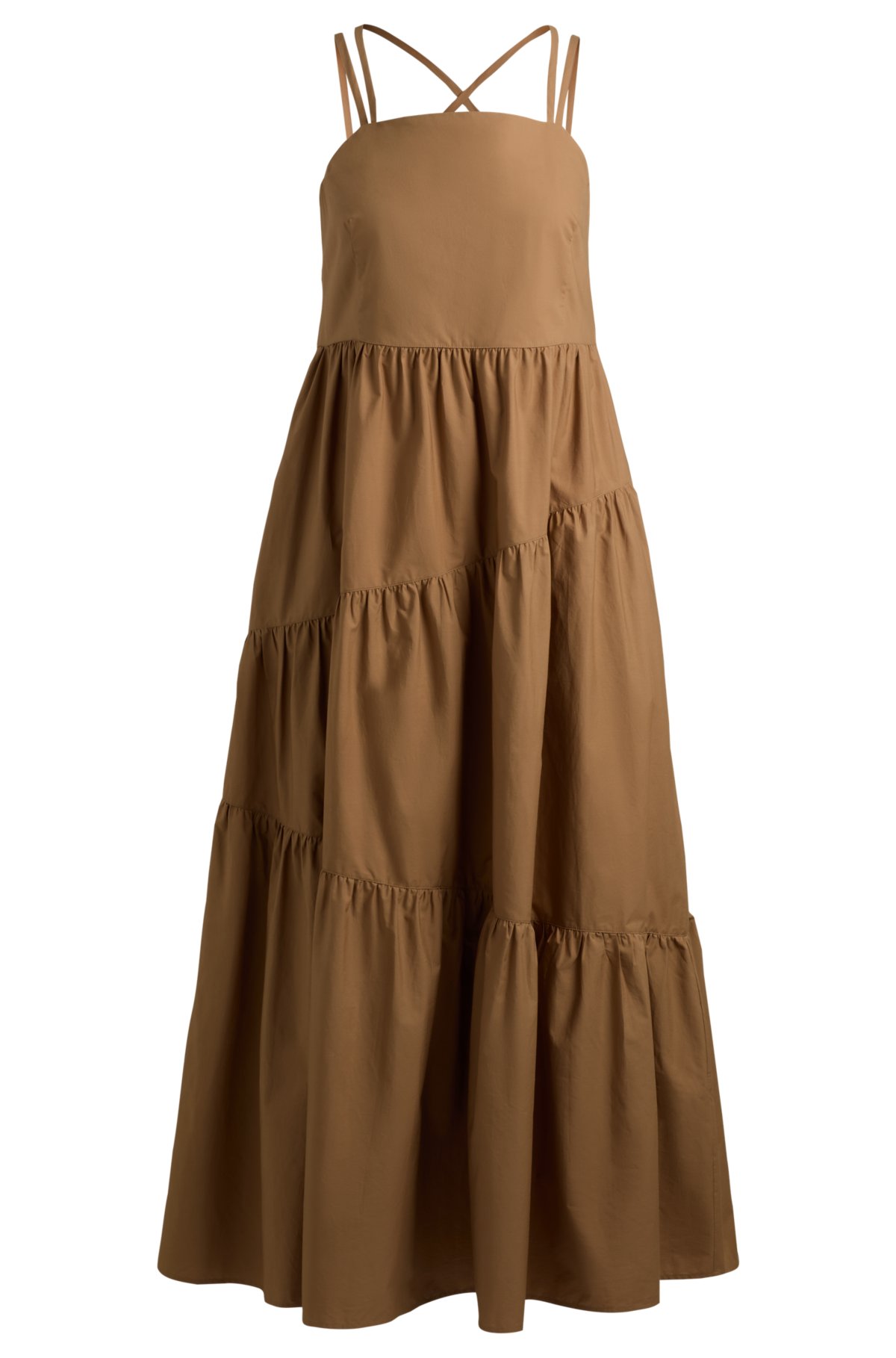 Maxi dress in cotton poplin with crossover straps, Brown