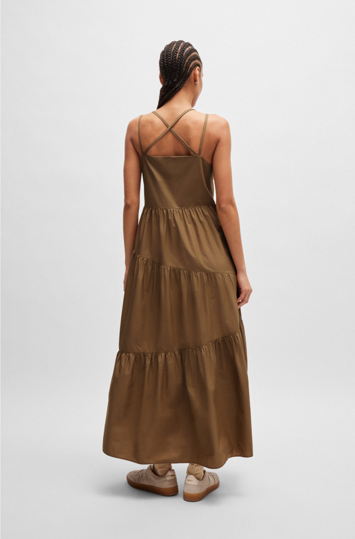 Maxi dress in cotton poplin with crossover straps, Brown