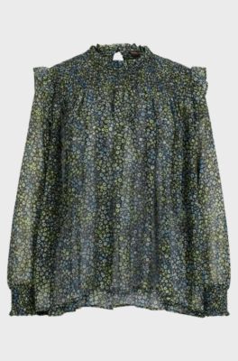 Regular-fit blouse in printed crepe Georgette, Green Patterned