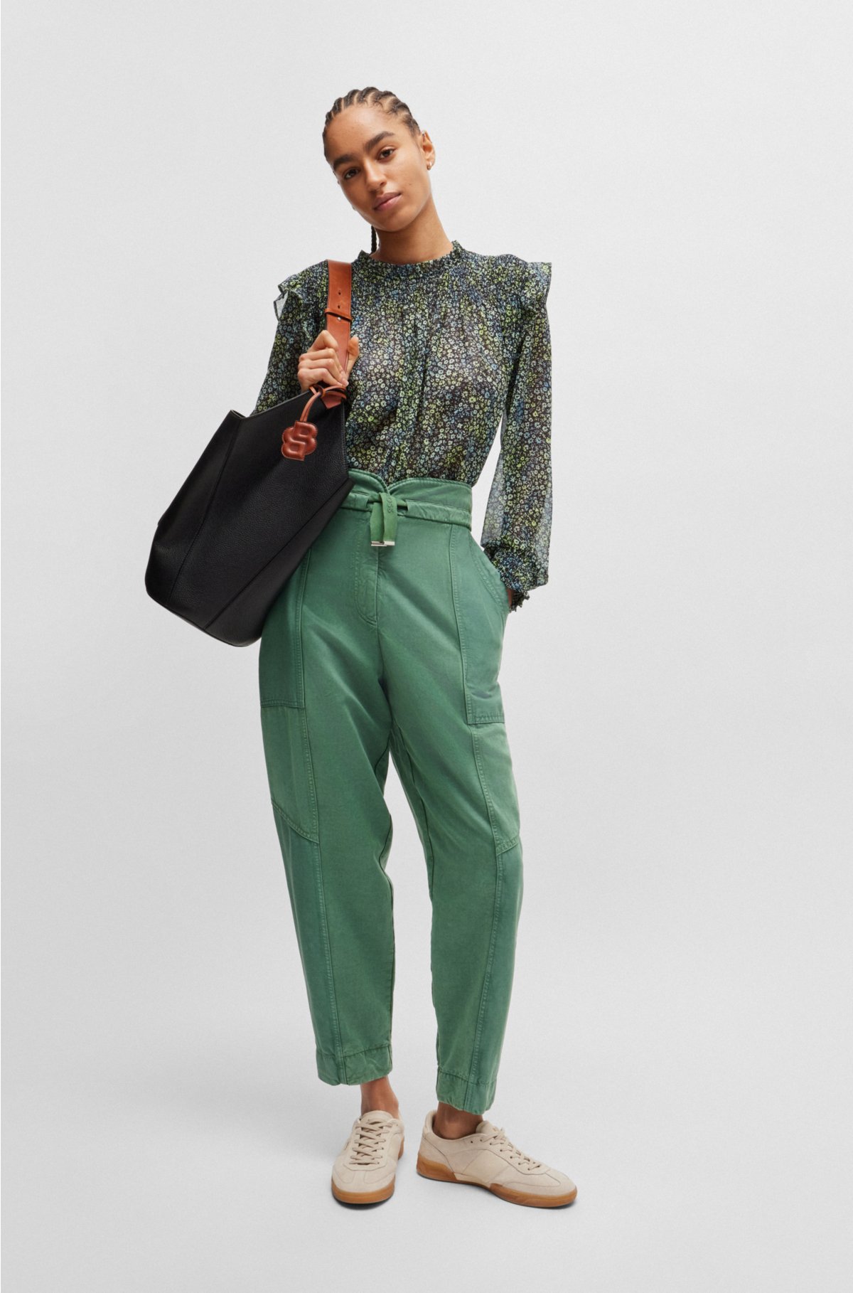 Regular-fit blouse in printed crepe Georgette, Green Patterned