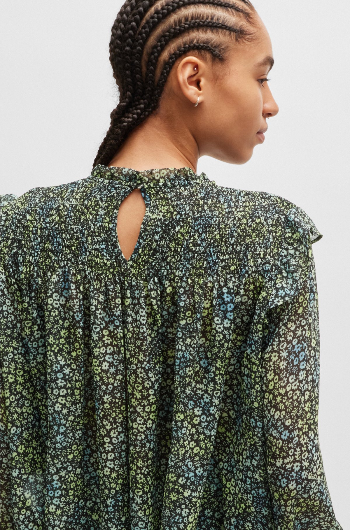 Regular-fit blouse in printed crepe Georgette, Green Patterned