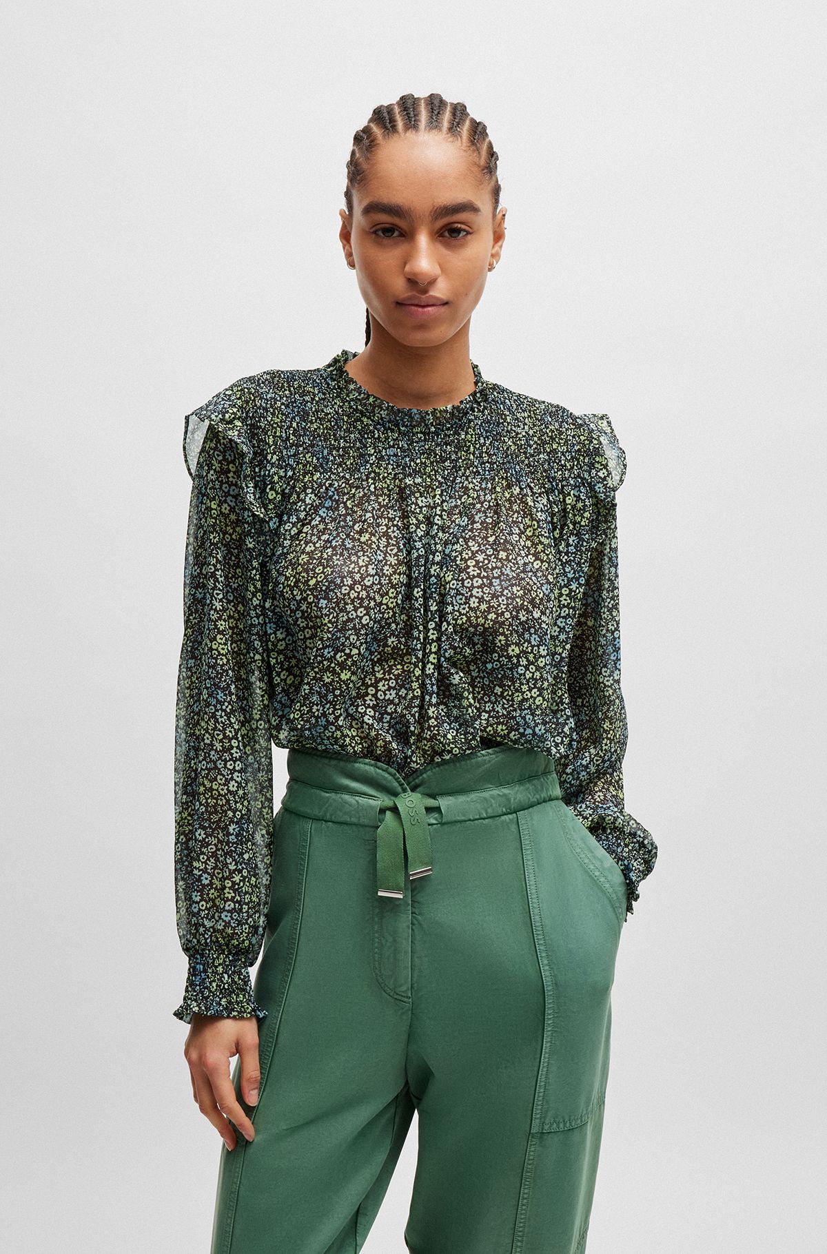 Regular-fit blouse in printed crepe Georgette, Patterned