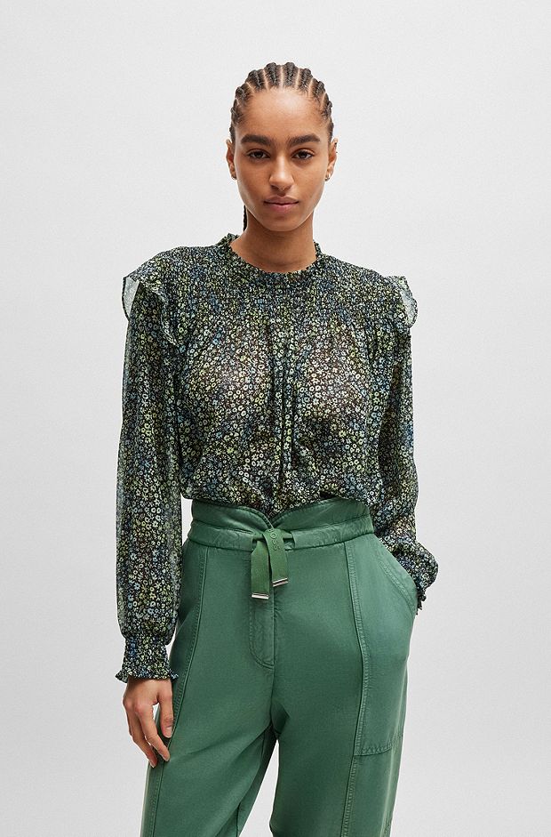 Regular-Fit Bluse aus bedrucktem Krepp-Georgette, Gemustert
